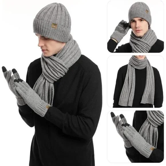 3pcs/Set Winter Beanie Hats Touchscreen Gloves Neck Warmer Scarf Set for Men - Picture 5 of 7